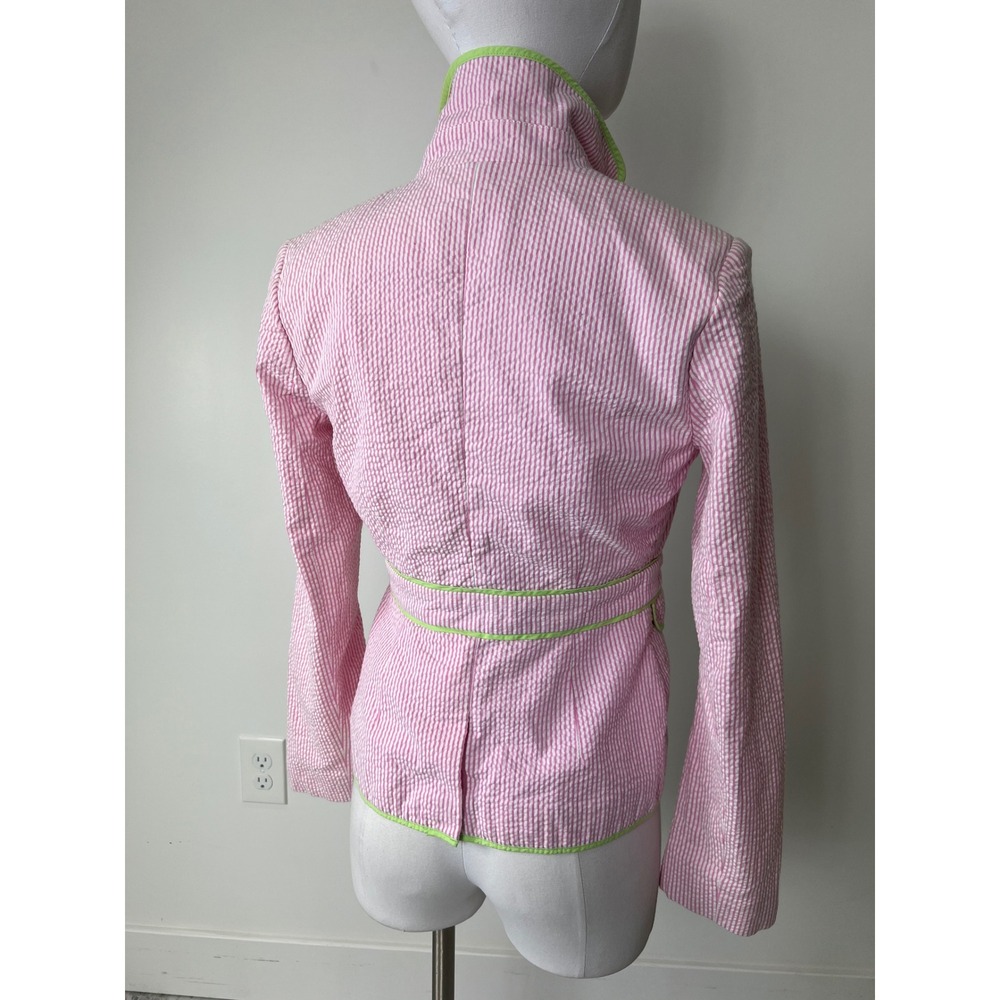 Pink Seersucker Blazer Lime Green Trim Striped Preppy Jacket Women - Picture 5 of 6